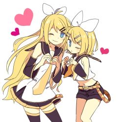 Rule 34 | 2girls, age difference, belt, blonde hair, blue eyes, bow, detached sleeves, dual persona, future style (module), hair bow, hair ornament, hairclip, half updo, headphones, headset, heart, heart hands, kagamine rin, leaning on person, leaning to the side, long hair, miniskirt, multiple girls, navel, necktie, one eye closed, pleated skirt, project diva (series), sailor collar, short hair, shorts, size difference, skirt, smile, thighhighs, treble clef, very long hair, vocaloid, yoshiki, zettai ryouiki