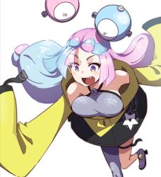 Rule 34 | 1girl, aqua hair, blush, bow-shaped hair, breasts, commentary request, creatures (company), game freak, grey footwear, grey shirt, hyoe (hachiechi), iono (pokemon), jacket, long hair, medium breasts, multicolored hair, nintendo, open mouth, pink hair, pokemon, pokemon sv, purple eyes, shirt, shoes, single leg pantyhose, sleeveless, sleeveless shirt, sleeves past fingers, sleeves past wrists, solo, thigh strap, twintails, two-tone hair, yellow jacket