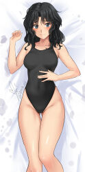 Rule 34 | 1girl, absurdres, amagami, bare arms, bare shoulders, bed sheet, black hair, black one-piece swimsuit, blue eyes, blush, breasts, closed mouth, collarbone, competition swimsuit, covered navel, curly hair, from above, furrowed brow, gluteal fold, hand on own stomach, hand up, highleg, highleg swimsuit, highres, looking at viewer, lying, medium breasts, medium hair, messy hair, on back, one-piece swimsuit, signature, smile, solo, sweatdrop, swimsuit, tanamachi kaoru, thigh gap, thighs, twitter username, wavy hair, yoo tenchi