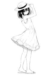 Rule 34 | 1girl, attsun (atsushi jb), black hair, blush, dress, from side, full body, greyscale, hair between eyes, hat, highres, looking at viewer, looking back, monochrome, original, parted lips, simple background, slippers, solo, standing, sun hat, sundress, white background