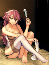 Rule 34 | 1girl, amiba (nerdamiba), barefoot, bed, bedroom, breasts, cup, drinking glass, feet, fire emblem, fire emblem fates, fire emblem heroes, garter straps, hair between eyes, hairband, highres, large breasts, lingerie, long hair, nightgown, nintendo, on bed, pink hair, seductive smile, sitting, sleeveless, smile, soleil (fire emblem), solo, thighhighs, underwear, white thighhighs, wine glass, yellow eyes