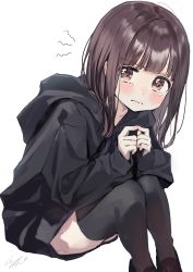 Rule 34 | 1girl, absurdres, black footwear, black hair, black hoodie, black thighhighs, blush, brown eyes, closed mouth, crying, female focus, fingers together, highres, hood, hood down, hoodie, looking at viewer, medium hair, original, own hands together, pomu (joynet), pout, signature, simple background, sitting, solo, tears, thighhighs, white background