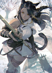 Rule 34 | 1girl, absurdres, animal ears, asymmetrical gloves, warrior of light (ff14), black hair, braid, breasts, cat ears, cat tail, elbow gloves, final fantasy, final fantasy xiv, fingerless gloves, gloves, half gloves, highres, holding, holding weapon, kyo (kuroichigo), long hair, medium breasts, miqo&#039;te, mismatched gloves, multicolored hair, outdoors, single elbow glove, single half glove, slit pupils, smile, solo, streaked hair, tail, thighhighs, weapon, yellow eyes