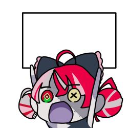 Rule 34 | 1girl, ahoge, black bow, bow, chibi, colored skin, double bun, grey skin, hair bun, heterochromia, holding, holding sign, hololive, hololive indonesia, kureiji ollie, kureiji ollie (artist), multicolored hair, open mouth, red eyes, sign, stitched face, stitches, template, virtual youtuber, yellow eyes, zombie