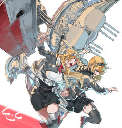 Rule 34 | 2girls, ascot, black skirt, blonde hair, blue eyes, cannon, feet out of frame, flower, garter straps, gegeron, grey shirt, grey thighhighs, headgear, highres, kantai collection, long hair, machinery, matching outfits, military uniform, multiple girls, neck flower, nelson (kancolle), red ascot, red flower, red rose, rodney (kancolle), rose, shirt, short hair, skirt, thighhighs, turret, uniform