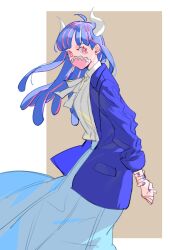 Rule 34 | 1girl, ahoge, arms behind back, blue coat, blue hair, blue nails, blue skirt, coat, covered mouth, curled horns, dinosaur girl, horns, long hair, looking at viewer, mask, mouth mask, multicolored hair, one piece, pink eyes, pink hair, pink mask, raine (acke2445), shirt, shirt tucked in, skirt, solo, streaked hair, ulti (one piece), white shirt