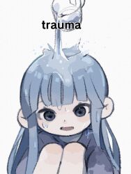 Rule 34 | 1girl, blue eyes, blue hair, chibi, english text, floating, floating object, highres, hugging own legs, knees to chest, meme, open mouth, original, pouring, solo, upper body, water, wet, wet hair, white background, yukino super