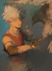 Rule 34 | 1boy, bird, blue eyes, child, collarbone, from above, hair between eyes, hawk, highres, holding, holding letter, hun bbokbbok, hunter x hunter, jewelry, killua zoldyck, letter, looking at viewer, male focus, necklace, red shirt, shirt, short hair, shorts, sleeveless, smile, solo, white hair, white shorts