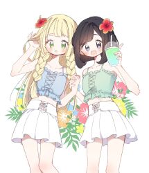 Rule 34 | 2girls, bare shoulders, black hair, blonde hair, blue camisole, blue eyes, blunt bangs, braid, camisole, creatures (company), drink, floral background, flower, game freak, green camisole, green eyes, hair flower, hair ornament, hand in own hair, highres, holding, holding drink, holding hands, kajiki ngtk9, lillie (pokemon), long hair, looking at viewer, midriff, multiple girls, nintendo, open mouth, pleated skirt, pokemon, pokemon sm, selene (pokemon), short sleeves, skirt, teeth, twin braids, upper teeth only, white background, white skirt