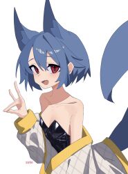Rule 34 | 1girl, :d, absurdres, animal ear fluff, animal ears, bare shoulders, black leotard, blue hair, blush, breasts, collarbone, fox shadow puppet, hair between eyes, highres, leotard, long sleeves, looking at viewer, myakuro, off shoulder, open clothes, open mouth, original, red eyes, simple background, small breasts, smile, solo, strapless, strapless leotard, tail, tail raised, white background