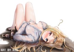 Rule 34 | 1girl, :t, ?, archetto (arknights), areola slip, arknights, beer can, blonde hair, blue eyes, blush, breasts, can, drink can, heterochromia, highres, knees up, long hair, looking at viewer, lying, medium breasts, multicolored hair, naked shirt, no bra, nose blush, on back, open clothes, open shirt, pout, red eyes, ryn (rinorea), shirt, simple background, solo, streaked hair, thighs, white background, white shirt