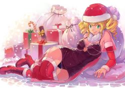 Rule 34 | 1girl, blonde hair, boots, breasts, capelet, christmas, cleavage, cross-laced footwear, detached sleeves, drill hair, gift, green eyes, hat, high heels, kanini, long hair, lying, on side, one-piece swimsuit, original, red thighhighs, santa costume, santa hat, school swimsuit, shoes, short hair, smile, snow, snowman, solo, swimsuit, thighhighs, twin drills, twintails