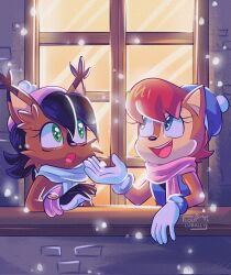 Rule 34 | 2girls, animal ears, artist name, black hair, blue eyes, blue headwear, brown hair, furry, furry female, gloves, green eyes, highres, lou lubally, multiple girls, nicole the holo-lynx, open mouth, outdoors, pink headwear, pink scarf, sally acorn, scarf, sleeveless, snowing, sonic (series), upper body, white gloves, white scarf, window