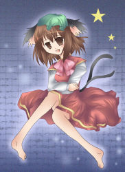 Rule 34 | 1girl, animal ears, barefoot, brown eyes, brown hair, cat ears, cat girl, chen, fang, female focus, full body, gradient background, hat, open mouth, solo, touhou