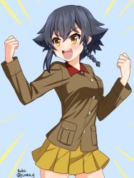 Rule 34 | 10s, 1girl, :d, alternate costume, artist name, black hair, braid, brown eyes, brown jacket, chi-hatan military uniform, clenched hands, cowboy shot, emphasis lines, girls und panzer, hair tie, highres, jacket, long sleeves, military, military uniform, miniskirt, one-hour drawing challenge, open mouth, pepperoni (girls und panzer), pleated skirt, ruka (piyopiyopu), short hair, side braid, skirt, smile, solo, twitter username, uniform, v-shaped eyebrows, w arms, yellow skirt