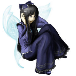 Rule 34 | 1girl, bad id, bad pixiv id, black hair, eastern and little nature deity, female focus, full body, long hair, ribbon, ross (clumzero), sitting, solo, star sapphire, tears, touhou, white background, wings