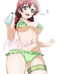 Rule 34 | 1girl, absurdres, artist name, azuresakura, bikini, blush, braid, breasts, cleavage, commentary request, dark red hair, emma verde, freckles, green bikini, highres, large breasts, love live!, love live! nijigasaki high school idol club, low twin braids, low twintails, music, open mouth, simple background, smile, solo, swimsuit, twin braids, twintails, underboob, white background