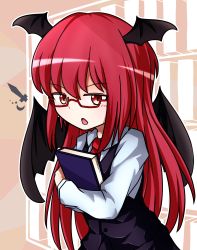 Rule 34 | 1girl, :o, artist request, bat wings, bespectacled, black skirt, black vest, blouse, book, hugging book, bookshelf, chibi, collared shirt, commentary request, cowboy shot, crescent, dot nose, dress shirt, glasses, hair between eyes, head wings, highres, holding, holding book, knife, koakuma, long hair, long sleeves, looking at viewer, looking to the side, necktie, hugging object, red-framed eyewear, red eyes, red hair, red necktie, semi-rimless eyewear, shirt, sidelocks, simple background, skirt, skirt set, solo, touhou, v-shaped eyebrows, very long hair, vest, white shirt, wings