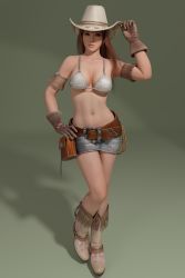 Rule 34 | 1girl, 3d, absurdres, adjusting clothes, adjusting headwear, bare shoulders, belt, belt pouch, blender (medium), boots, breasts, brown eyes, brown gloves, brown hair, cleavage, collarbone, commentary, cowboy hat, dead or alive, english commentary, female focus, floral print, flower, full body, gloves, gradient background, hand on own hip, hat, highres, huge filesize, kasumi (doa), lips, long hair, medium breasts, navel, pouch, radianteld, shadow, shorts, simple background, standing, stomach