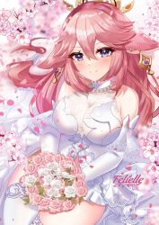 Rule 34 | 1girl, animal ears, bare shoulders, bouquet, breasts, cherry blossoms, commentary, cowboy shot, dress, felielle, flower, fox ears, genshin impact, gloves, grin, large breasts, long hair, looking at viewer, petals, pink flower, pink hair, pink rose, purple eyes, rose, sleeveless, sleeveless dress, smile, solo, thighhighs, thighs, very long hair, wedding dress, white dress, white flower, white gloves, white rose, white thighhighs, yae miko