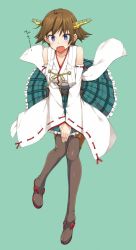 Rule 34 | 10s, 1girl, bare shoulders, blue eyes, blush, boots, brown hair, clothes pull, detached sleeves, flipped hair, hairband, headgear, hiei (kancolle), japanese clothes, kantai collection, looking down, nontraditional miko, open mouth, plaid, ribbon-trimmed sleeves, ribbon trim, short hair, skirt, skirt hold, skirt pull, solo, sweatdrop, takayaki, thigh boots, thighhighs, wavy mouth, wind, wind lift