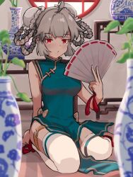 Rule 34 | 1girl, aqua dress, bun cover, character request, china dress, chinese clothes, closed mouth, copyright request, double bun, dress, folding fan, full body, grey hair, hair bun, hand fan, holding, holding fan, indoors, looking at viewer, original, red eyes, seiza, short hair, sitting, solo, thighhighs, vase, white thighhighs, yuuka (a0240765)
