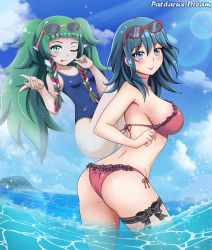 Rule 34 | 2girls, ass, bare shoulders, bikini, blue eyes, blue hair, braid, breasts, byleth (female) (fire emblem), byleth (fire emblem), fire emblem, fire emblem: three houses, from behind, green eyes, green hair, highres, large breasts, long hair, looking at viewer, medium breasts, multicolored hair, multiple girls, nintendo, patdarux, pointy ears, red hair, shiny clothes, shiny skin, sideboob, smile, sothis (fire emblem), swimsuit, twin braids, twintails