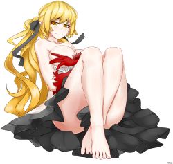 Rule 34 | 1girl, bare shoulders, blonde hair, blush, breasts, collarbone, covering privates, covering breasts, dress, feet, highres, kiss-shot acerola-orion heart-under-blade, kizumonogatari, large breasts, long hair, monogatari (series), oshino shinobu, pan-ooh, pointy ears, ponytail, smile, solo, toes, transparent background, very long hair, yellow eyes