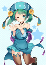 Rule 34 | 1girl, blue eyes, dress, green hair, grin, hat, highres, kaki s, looking at viewer, one eye closed, puzzle &amp; dragons, short hair, smile, solo, star (symbol), strapless, strapless dress, thighhighs, xiao qiao (p&amp;d)