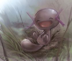 Rule 34 | :d, commentary request, creatures (company), closed eyes, game freak, grass, happy, highres, mud, nintendo, no humans, open mouth, outdoors, paldean wooper, pokemon, pokemon (creature), shiitake (satorikirby), signature, smile, solo