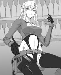 Rule 34 | 1girl, abaresouka, absurdres, bar (place), bar stool, belt, belt pouch, black gloves, black leotard, breasts, chaps, chest strap, cleavage, clothing cutout, commentary request, cropped jacket, cup, dog tags, drinking glass, gloves, goddess of victory: nikke, groin, hair between eyes, hair ornament, hairclip, highres, holding, holding cup, indoors, jacket, large breasts, leotard, long hair, looking at viewer, messy hair, monochrome, navel, navel cutout, pouch, scar, scar on stomach, sharp teeth, sidelocks, sitting, solo, stomach, stool, teeth, yulha (nikke)
