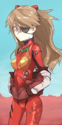 Rule 34 | 10s, 1girl, blue eyes, brown hair, evangelion: 3.0 you can (not) redo, eyepatch, hair ornament, hands in pockets, jacket, long hair, looking at viewer, neon genesis evangelion, plugsuit, rebuild of evangelion, solo, souryuu asuka langley, track jacket, ttomm