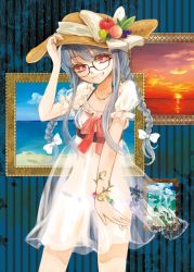 Rule 34 | 1girl, alternate costume, alternate hairstyle, apple, beach, bespectacled, blue skirt, bow, bracelet, braid, dress, food, fruit, glasses, grin, hair ribbon, hand on headwear, hat, hat bow, highres, hinanawi tenshi, jewelry, long hair, looking at viewer, necklace, painting (object), panties, peach, pink eyes, ribbon, rikapo, see-through, silver hair, skirt, smile, solo, straw hat, sunset, touhou, twin braids, underwear, very long hair, white dress, white panties