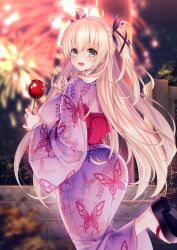 Rule 34 | 1girl, aerial fireworks, ahoge, animal print, blonde hair, blush, breasts, butterfly print, candy apple, commission, emanon123, fireworks, food, from behind, green eyes, holding, holding food, japanese clothes, kimono, large breasts, long hair, looking at viewer, looking back, obi, open mouth, original, sash, skeb commission, solo, two side up