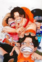 Rule 34 | 3boys, 4boys, brothers, freckles, hat, hug, male focus, monkey d. luffy, multiple boys, multiple persona, one piece, portgas d. ace, sabo (one piece), scar, siblings, smile, aged down