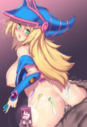 Rule 34 | 1boy, 1girl, anal, arm guards, ass, ass grab, aster crowley, bare shoulders, black background, blonde hair, blue jacket, blush, blush stickers, breasts, breasts out, card, censored, coat, condom, cum, cum in ass, cum on ass, cumdrip, dark-skinned male, dark magician girl, dark skin, duel monster, ejaculation, english text, from behind, gem, gradient background, green eyes, hair between eyes, hat, heart, heart-shaped pupils, heart background, hetero, highres, holding, holding card, holding condom, huge ass, hypnosis, jacket, jewelry, large breasts, long hair, looking at another, looking back, mind control, mosaic censoring, multiple condoms, naked coat, necklace, nipples, nose blush, off shoulder, open mouth, penis, pink background, pointless condom, sex, sweat, sweatdrop, symbol-shaped pupils, trading card, used condom, wizard hat, yu-gi-oh!, yu-gi-oh! duel monsters