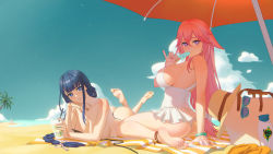 Rule 34 | 2girls, absurdres, anklet, ass, barefoot, bikini, blue eyes, blue hair, blue sky, blunt bangs, braid, breasts, cup, day, drinking glass, drinking straw, feet, food, frilled swimsuit, frills, full body, genshin impact, hat, highres, jewelry, large breasts, long hair, looking at viewer, lotion, lotion bottle, low-braided long hair, low-tied long hair, lying, multiple girls, on stomach, one-piece swimsuit, pink hair, popsicle, purple eyes, raiden shogun, sand, sandals, sideboob, sky, smile, soles, string bikini, summer, sunglasses, swimsuit, thong bikini, toes, untied bikini, w.q.y, white one-piece swimsuit, yae miko