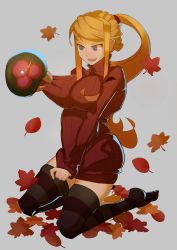 Rule 34 | 1girl, alien, autumn, autumn leaves, black thighhighs, blonde hair, blue eyes, blush, breasts, clothes tug, dress, grabbing, grabbing another&#039;s breast, grabbing own breast, highres, kneeling, large breasts, long hair, metroid, metroid (creature), nintendo, ponytail, ribbed sweater, samus aran, simple background, solo, solo focus, splashbrush, sweater, sweater dress, sweater tug, thighhighs, turtleneck, zettai ryouiki