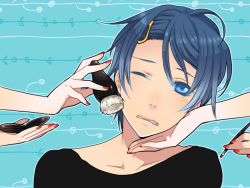 Rule 34 | 1boy, aqua background, bad id, bad pixiv id, bitte, blue eyes, blue hair, blush, cosmetics, hair between eyes, hair ornament, hairclip, kaito (vocaloid), makeup, makeup brush, male focus, matching hair/eyes, nail polish, outline, portrait, red nails, solo focus, vocaloid, wince