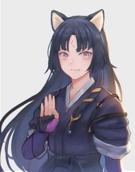 Rule 34 | 1girl, ^ ^, animal ears, arknights, black hair, black kimono, blush, bryanth, closed eyes, closed mouth, commentary request, dog ears, dog tail, facial mark, fingerless gloves, forehead mark, gloves, hand up, highres, japanese clothes, kimono, long hair, looking at viewer, parted bangs, purple eyes, saga (arknights), smile, solo, straight hair, tail, tasuki, upper body, very long hair
