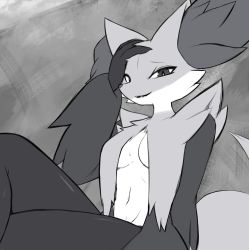 Rule 34 | 1girl, :3, animal ear fluff, animal ears, animal nose, body fur, breasts, creatures (company), delphox, fangs, female focus, flat color, fox ears, fox girl, fox tail, furry, furry female, game freak, gen 6 pokemon, grey background, greyscale, half-closed eyes, hand on own head, hand up, happy, highres, icykatsura, crossed legs, looking at viewer, medium breasts, monochrome, navel, nintendo, open mouth, pokemon, pokemon (creature), sideways mouth, simple background, sitting, sketch, smile, snout, solo, sweat, tail
