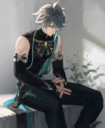 Rule 34 | ahoge, alhaitham (genshin impact), antenna hair, aqua eyes, aqua hair, armlet, asymmetrical sidelocks, bare shoulders, belt, black gloves, black pants, black shirt, blue belt, blue sash, branch, bridal gauntlets, cable, chest jewel, closed mouth, colored inner hair, compression shirt, egggg233333, facing to the side, feet out of frame, fingerless gloves, fingernails, gem, genshin impact, gloves, gold trim, green gemstone, green pants, grey hair, hair between eyes, hair over one eye, head bowed, headphones, highres, interlocked fingers, jewelry, leaf, looking down, mandarin collar, multicolored hair, multiple rings, one eye covered, own hands together, pants, parted bangs, partially fingerless gloves, pectorals, plant, ring, sash, shirt, short hair, sidelocks, sitting, sitting on object, sleeveless, sleeveless shirt, streaked hair, swept bangs, thumb ring, toned, toned male, two-tone hair