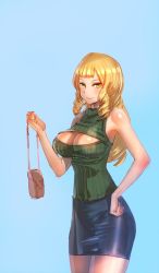 Rule 34 | 1girl, bag, bare arms, bare shoulders, blonde hair, blue background, blue skirt, bow (bhp), breasts, cleavage, cleavage cutout, closed mouth, clothing cutout, cowboy shot, drill hair, green sweater, hand on own hip, handbag, highres, holding, holding bag, large breasts, long hair, looking at viewer, original, pencil skirt, ribbed sweater, simple background, skin tight, skirt, sleeveless, sleeveless sweater, smile, solo, sweater, yellow eyes