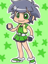 Rule 34 | 00s, 1girl, androgynous, bare shoulders, belt, black gloves, buckle, closed mouth, determined, dress, fingerless gloves, full body, gloves, green background, green dress, green eyes, looking at viewer, lowres, matsubara kaoru, powered buttercup, powerpuff girls, powerpuff girls z, shoes, short hair, simple background, sleeveless, sleeveless dress, smirk, solo, spiked hair, standing, star (symbol), vest