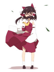 Rule 34 | 1girl, ankle socks, ascot, bare shoulders, black footwear, black hair, bloom, bow, covered mouth, detached sleeves, falling leaves, floating hair, frilled bow, frilled hair tubes, frills, full body, furrowed brow, hair between eyes, hair bow, hair over mouth, hair tubes, hakurei reimu, highres, large bow, leaf, legs apart, leon (mikiri hassha), loafers, long sleeves, looking at viewer, medium skirt, midriff peek, navel, nontraditional miko, raised eyebrows, red bow, red eyes, red skirt, red vest, shadow, shoes, short hair with long locks, simple background, skirt, skirt set, sleeve garter, sleeveless, sleeves past fingers, sleeves past wrists, socks, solo, standing, straight-on, touhou, vest, white background, white sleeves, white socks, wide sleeves, wind, wind lift, wing collar, yellow ascot