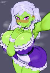 Rule 34 | 1girl, absurdres, alien, alien girl, armpits, black clover, blush, breasts, cheelai, clothes, colored skin, cosplay, curvy, dragon ball, dragon ball super, eye contact, female focus, green skin, highres, huge breasts, large breasts, looking at another, looking at viewer, maid, nezulet, noelle silva, pink eyes, selfie, silver hair, solo, standing, sweat, thick thighs, thighs, twintails, wide hips