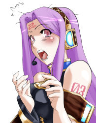 Rule 34 | 1girl, asakawa yuu, bare shoulders, blush, breasts, cosplay, fate/stay night, fate (series), headphones, long hair, looking at viewer, medusa (fate), medusa (rider) (fate), megurine luka, megurine luka (cosplay), open mouth, parody, purple eyes, purple hair, solo, square pupils, tat, vocaloid, voice actor connection