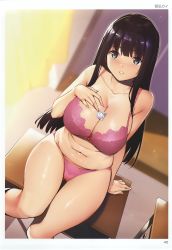 Rule 34 | 1girl, absurdres, arm at side, arm support, artist name, bare shoulders, belly, black hair, black socks, blunt bangs, blurry, blurry background, blush, border, breasts, classroom, cleavage, collarbone, condom, condom wrapper, curtains, depth of field, desk, dutch angle, fat rolls, fingernails, from above, gluteal fold, green eyes, hand on own chest, highres, indoors, kneehighs, large breasts, long hair, looking at viewer, nail polish, navel, on desk, page number, parted lips, pink nails, plump, scan, school desk, shiny skin, sidelocks, sitting, on desk, socks, solo, stomach, teeth, thighs, tomohiro kai, toranoana, white border, window