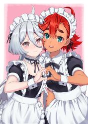 Rule 34 | 2girls, absurdres, ahoge, alternate costume, apron, aqua eyes, black dress, black ribbon, blush, border, breasts, cleavage, collared dress, dark-skinned female, dark skin, dress, embarrassed, enmaided, frilled apron, frills, grey eyes, grey hair, gundam, gundam suisei no majo, hair between eyes, heads together, heart, heart hands, heart hands duo, highres, long hair, looking at viewer, maid, maid apron, maid headdress, medium breasts, miorine rembran, multiple girls, neck ribbon, nonoa-cg, outside border, pink background, puffy short sleeves, puffy sleeves, red hair, ribbon, short sleeves, side-by-side, small breasts, smile, suletta mercury, teeth, thick eyebrows, upper teeth only, wavy mouth, white apron, white border, wrist cuffs