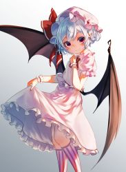 Rule 34 | 1girl, ascot, backlighting, bat wings, black wings, blue hair, blush, bow, brooch, closed mouth, earrings, frilled shirt, frilled skirt, frilled sleeves, frills, gradient background, grey background, hat, hat bow, highres, jewelry, kneehighs, looking at viewer, mob cap, pink hat, pink shirt, pink skirt, pointy ears, pyonsuke (pyon2 mfg), red bow, red eyes, red ribbon, remilia scarlet, ribbon, shade, shirt, short hair, short sleeves, skirt, skirt hold, skirt set, smile, socks, solo, striped clothes, striped socks, touhou, upskirt, vertical-striped clothes, vertical-striped socks, wings, wrist cuffs